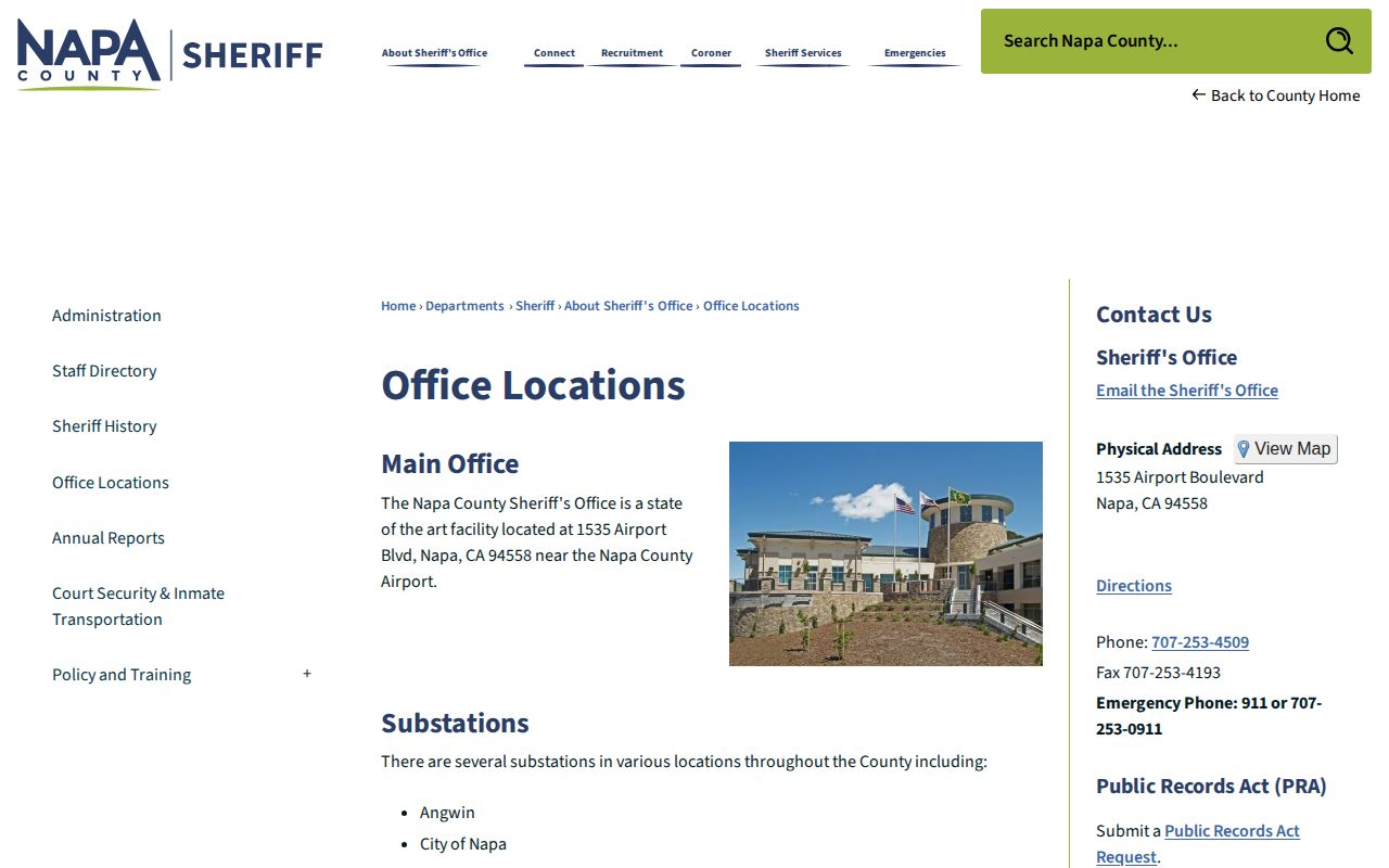 Napa County Sheriff office locations webpage
