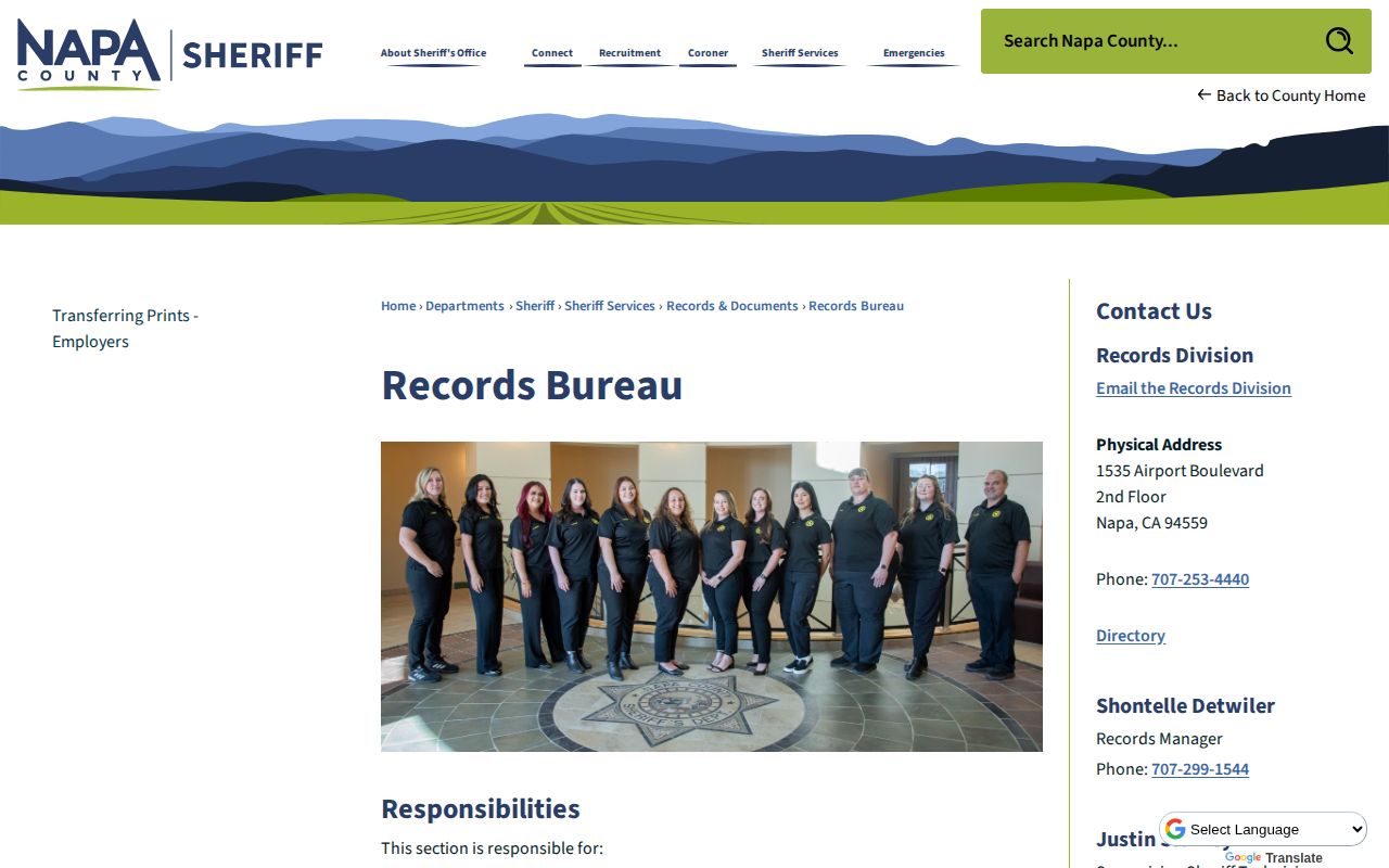 Napa County Sheriff's Records Bureau official page