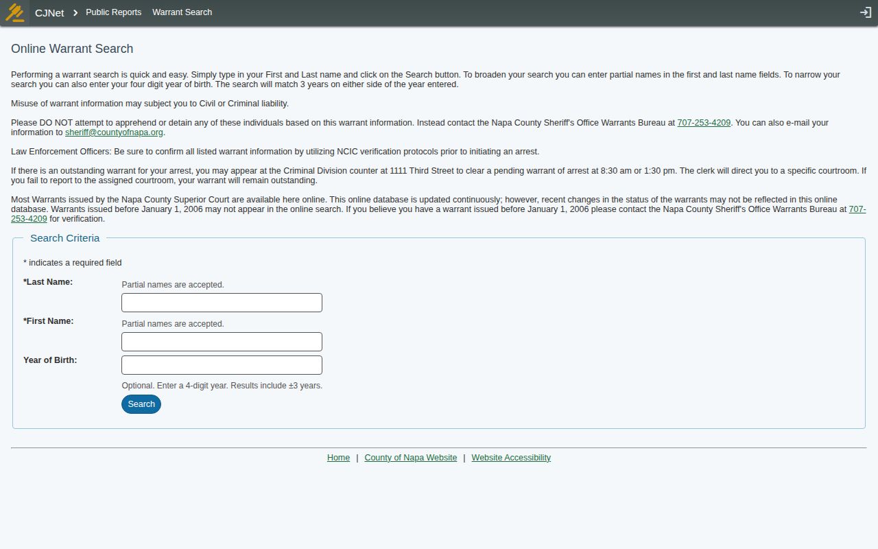 Napa County CJNet official warrant search form