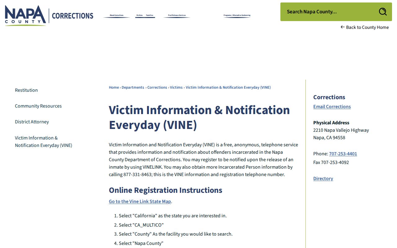 Napa County official VINE custody notification instructions