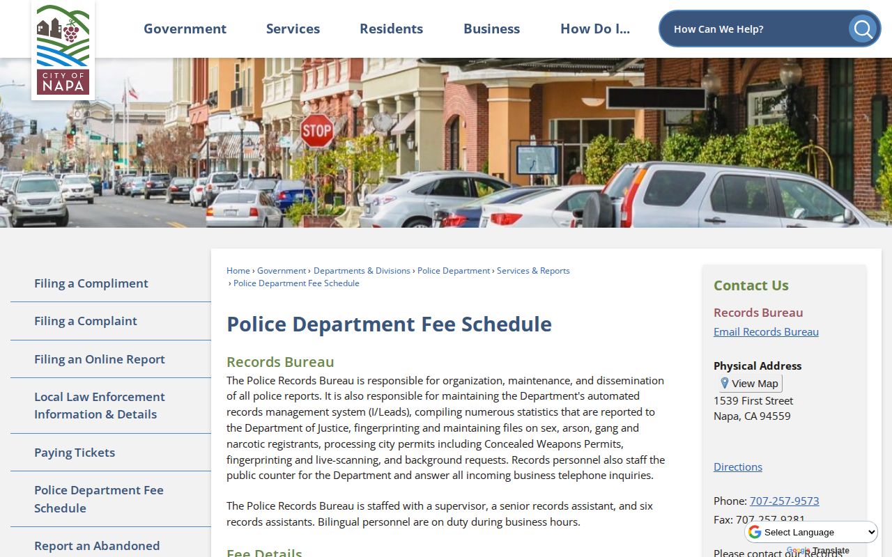 Napa Police Department fee schedule webpage