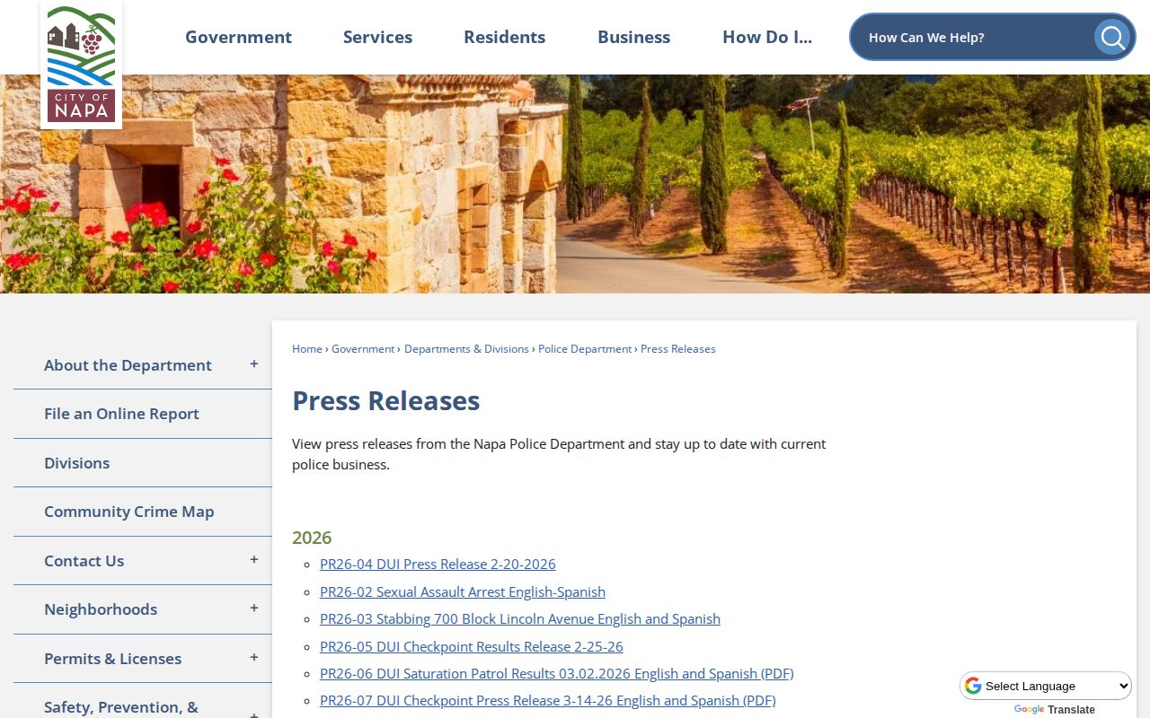 Napa Police Department official press release archive with selected enforcement updates