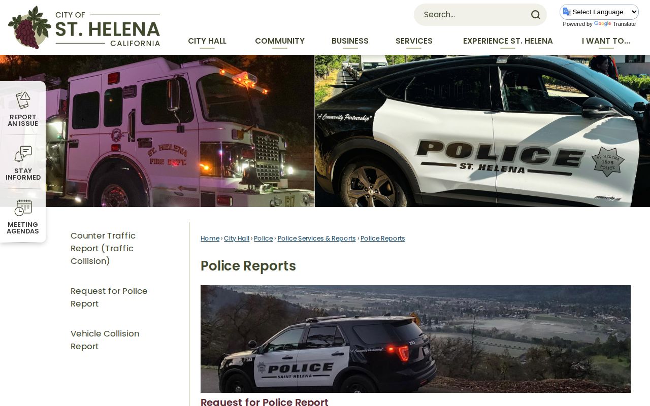 St. Helena Police Reports webpage