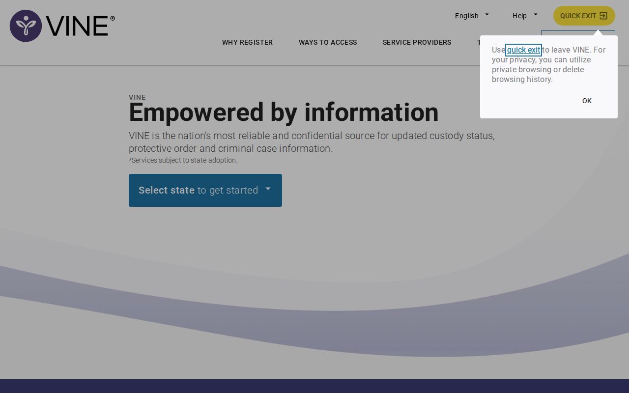 VINELink state selection interface for a Napa County custody search
